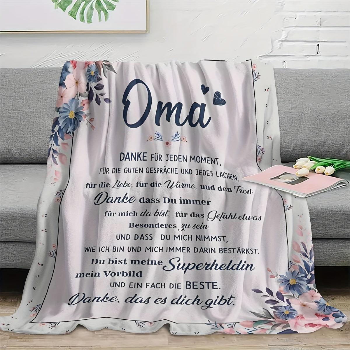 Personalized Oma Floral Blanket for Grandmother Knit Polyester All-Season Stain-Resistant Gift