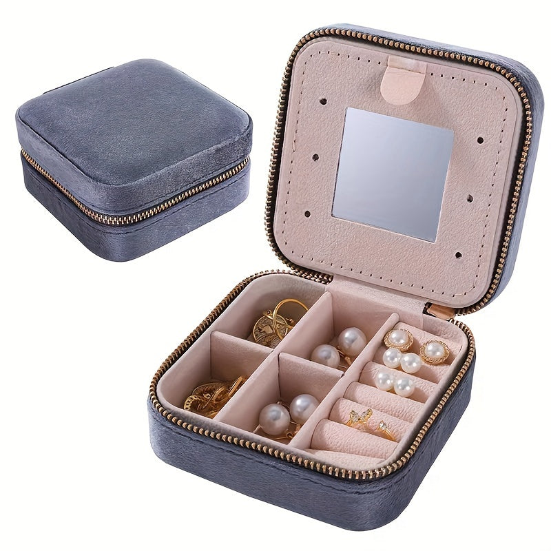 Velvet Jewelry Box with Mirror and Dual-Layer Zippered Storage for Accessories