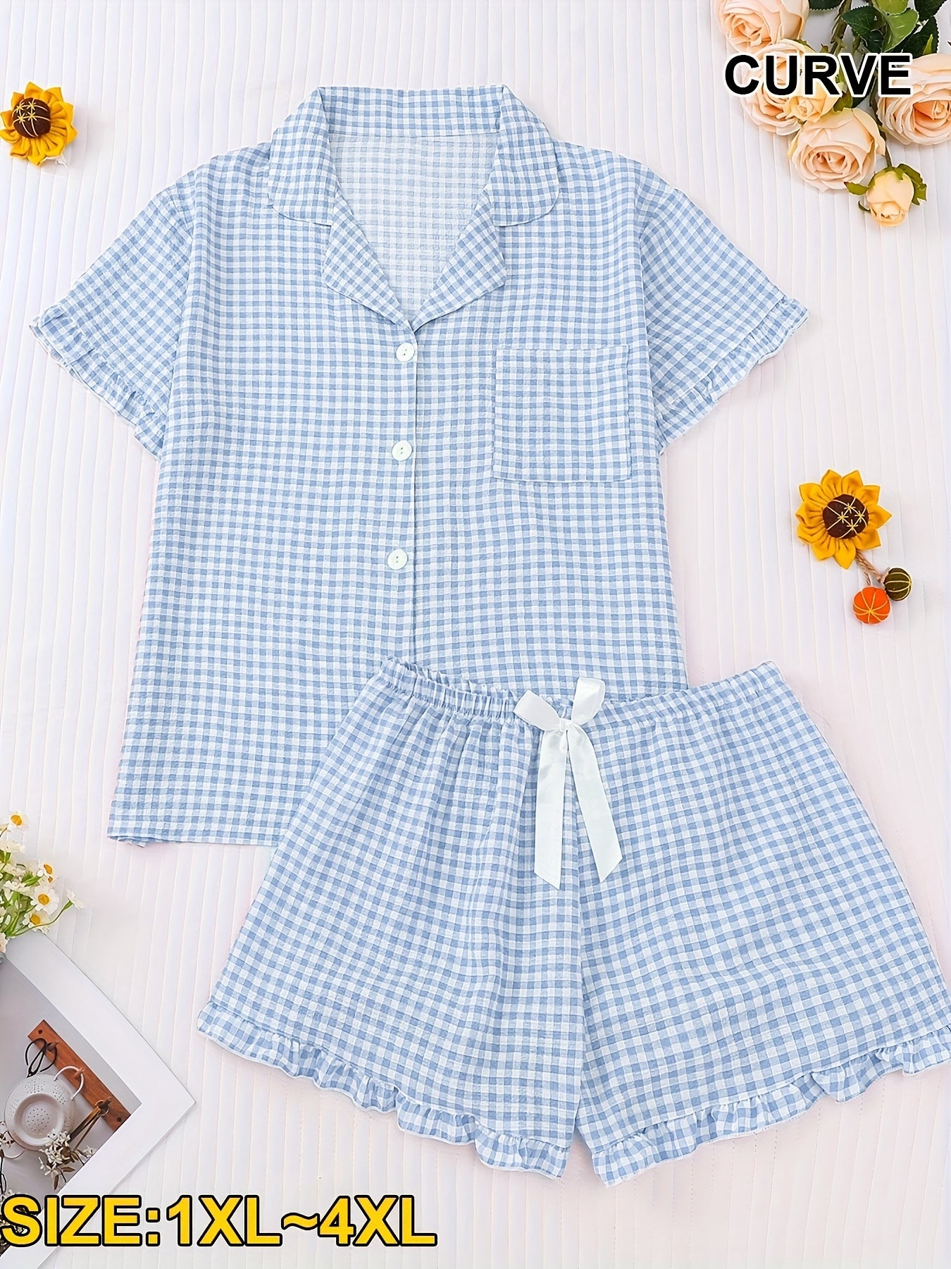 Conjunto de pijama de verano talla grande con ribete de volantes, manga corta y botones a cuadros