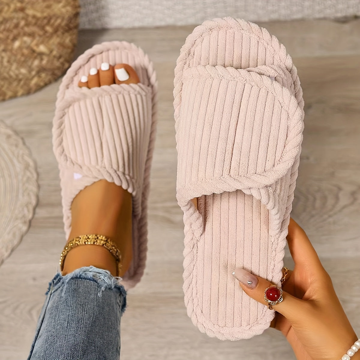 Unisex Striped Fabric Slip-On Slippers Soft Cushioned Non-Slip Rubber Sole