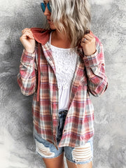 Women's Plaid Hooded Blouse Casual Fall Spring Drawstring Weekend Wear