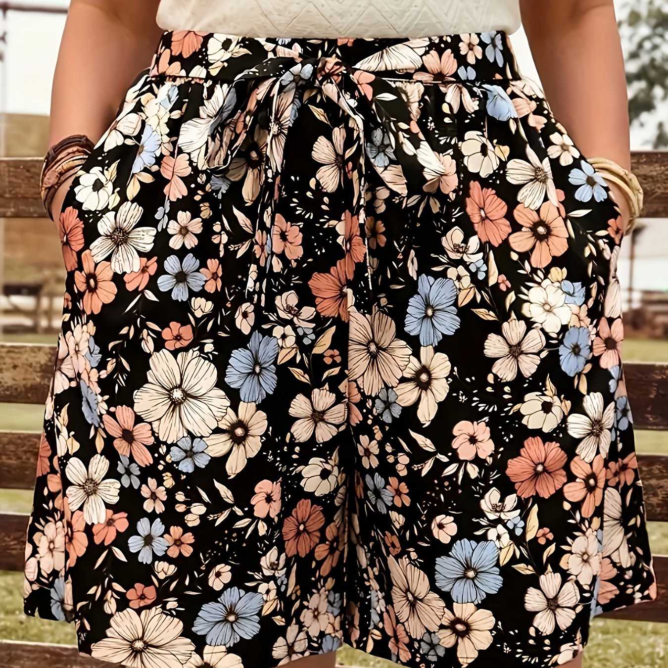 Pantalones cortos de estampado floral para mujer, corte holgado, pierna ancha, ropa de playa y vacaciones