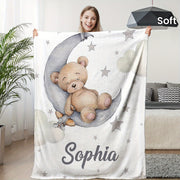 Personalized Teddy Bear and Moon Fleece Blanket Custom Name Soft Flannel Throw for Bedroom or Living Room