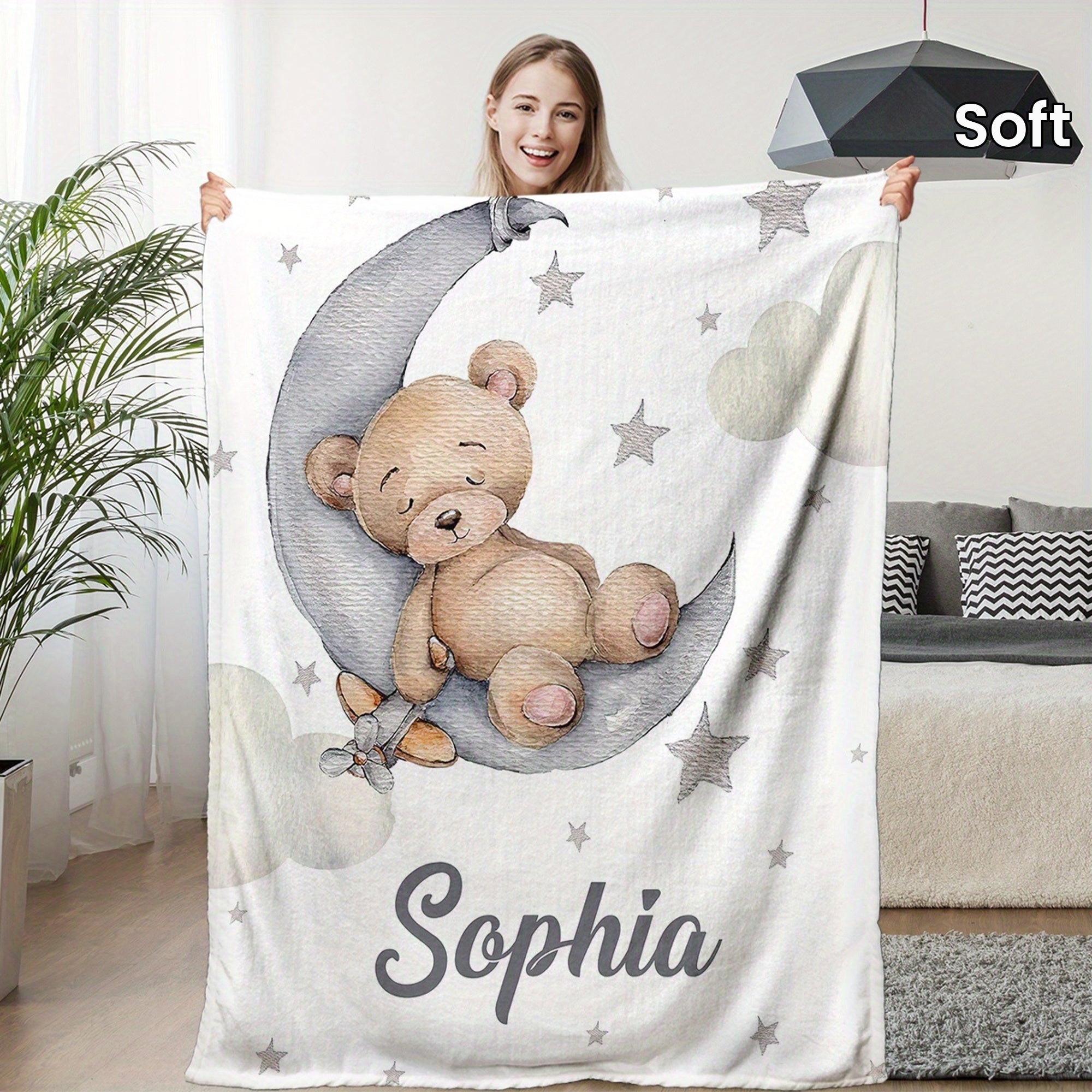 Personalized Teddy Bear and Moon Fleece Blanket Custom Name Soft Flannel Throw for Bedroom or Living Room