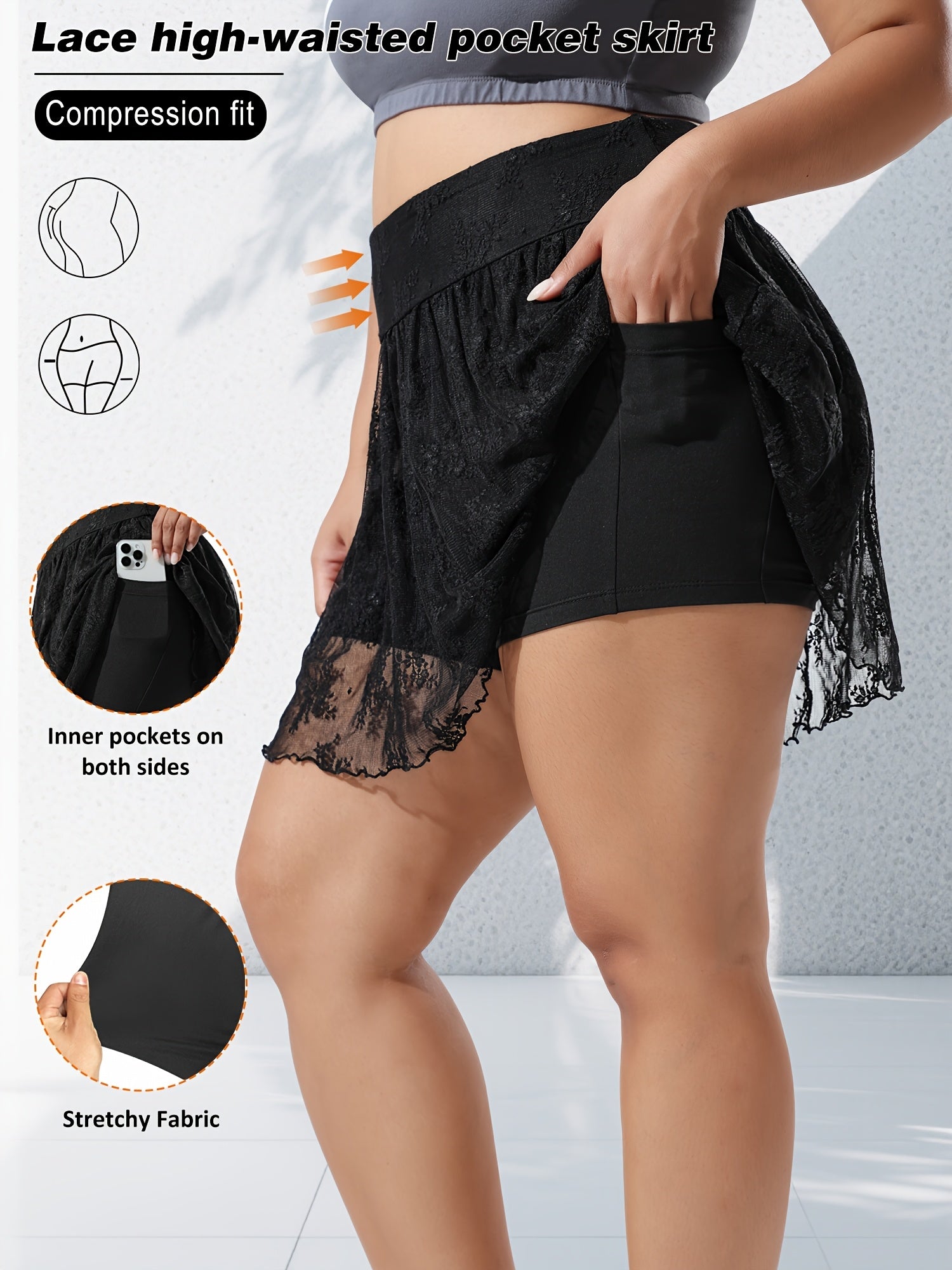 Plus Size Women's Flared Lace-Trimmed Skirt Shorts with Pockets for Casual & Yoga