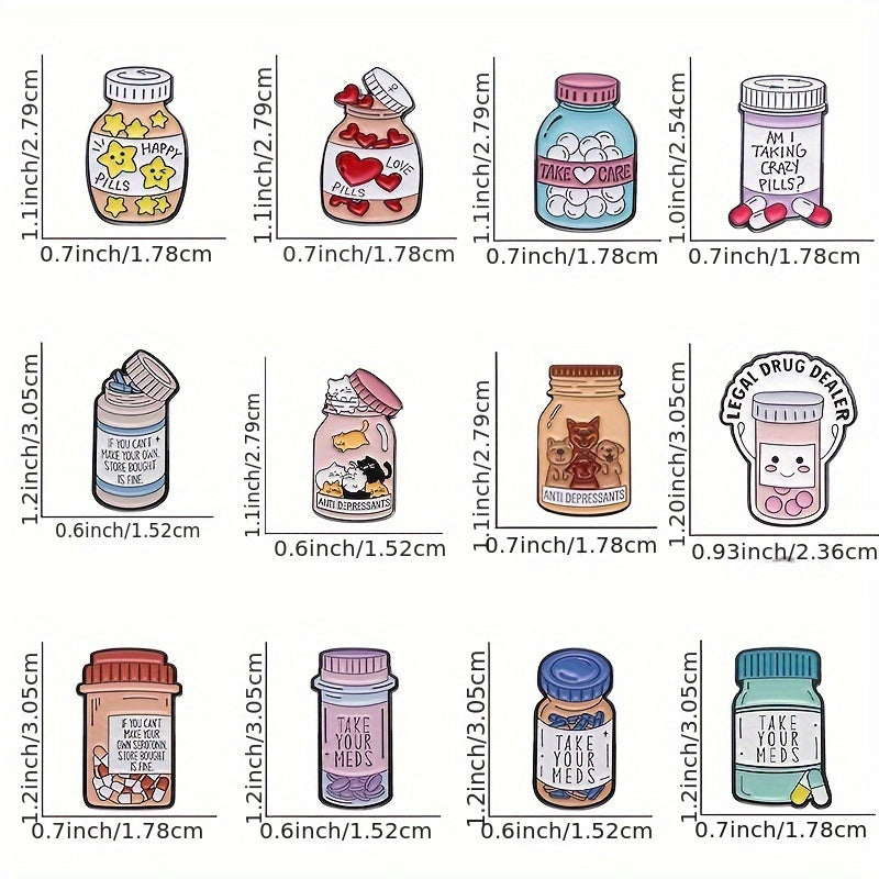 Set of 12 Cartoon Medicine Bottle Brooches Alloy Enamel Jewelry Accessories Gift
