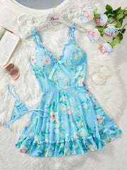 Women's Floral Print Sleepwear Set with Ruffle Hem and Adjustable Straps Includes Nightdress and Thong