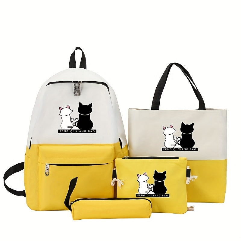 Blue Cartoon Cat Print Backpack Set with Tote Pencil Case and Wallet for School and Travel