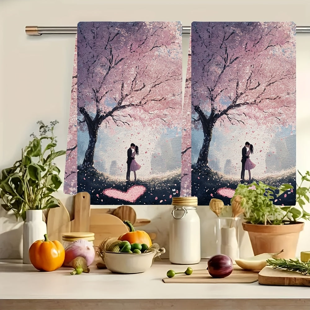 Kitchen Towels Set of 2 Ultra Soft Romantic Cherry Blossom Scene 16x24