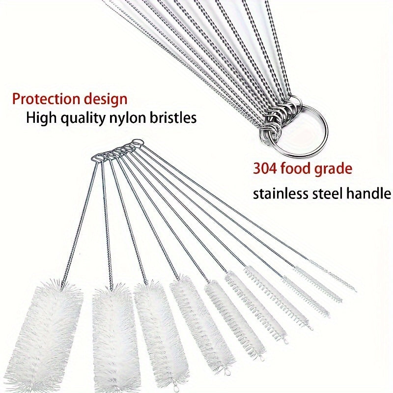 10 Stainless Steel Handle Soft Bristle Straw Cleaning Brushes for Teapots Cups and Test Tubes