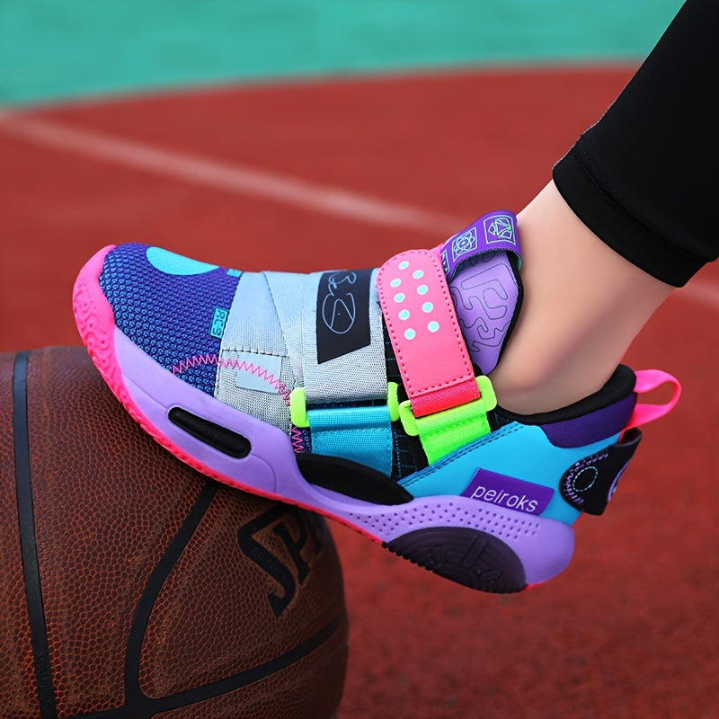 Youth Casual Basketball Sneakers Girls Pink Purple Blue Low Top TPR Sole Elastic Closure