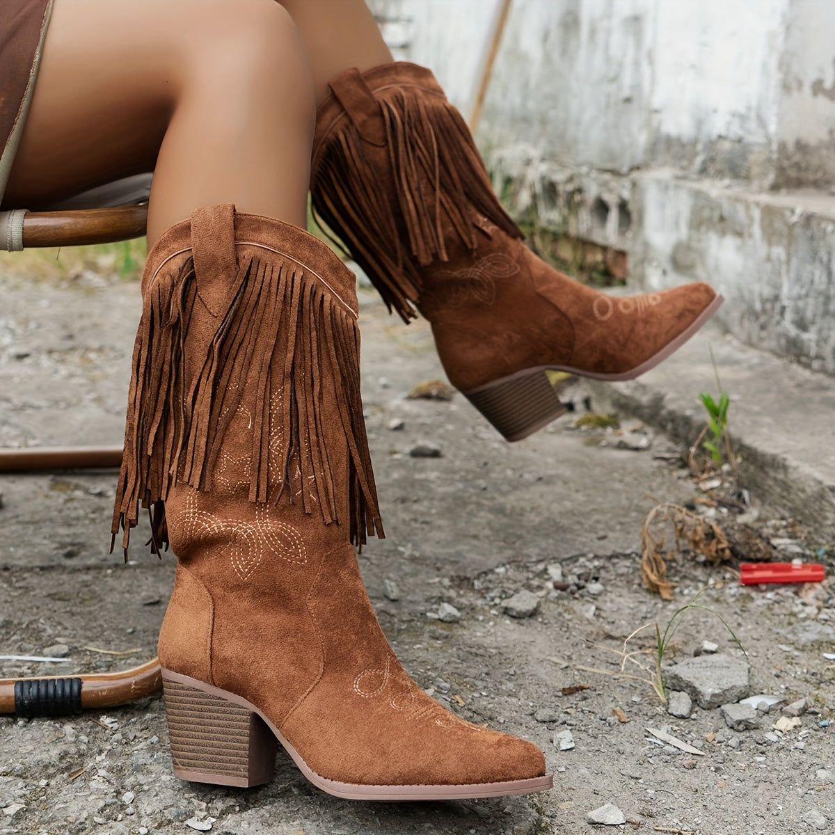 Women's Western Cowboy Boots with Fringe Butterfly Embroidery Pointed Toe