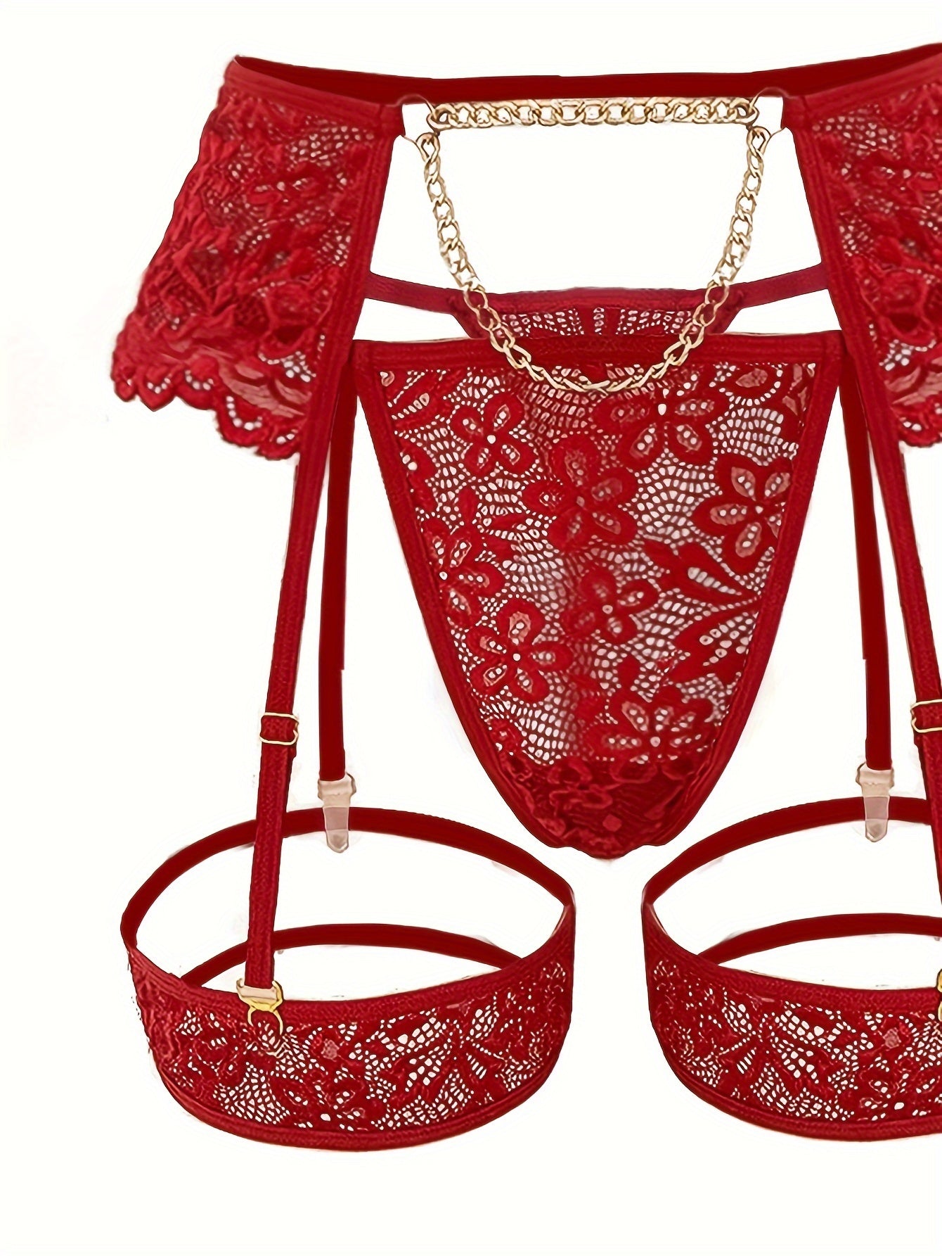 Sexy Lingerie Set with Flower Lace, Gold Chain Accents, See-Through Bra and Garter Belt