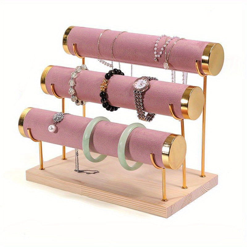 Стильная трехъярусная подставка для украшений в золотистом оттенке с деревянной основой для часов и аксессуаров