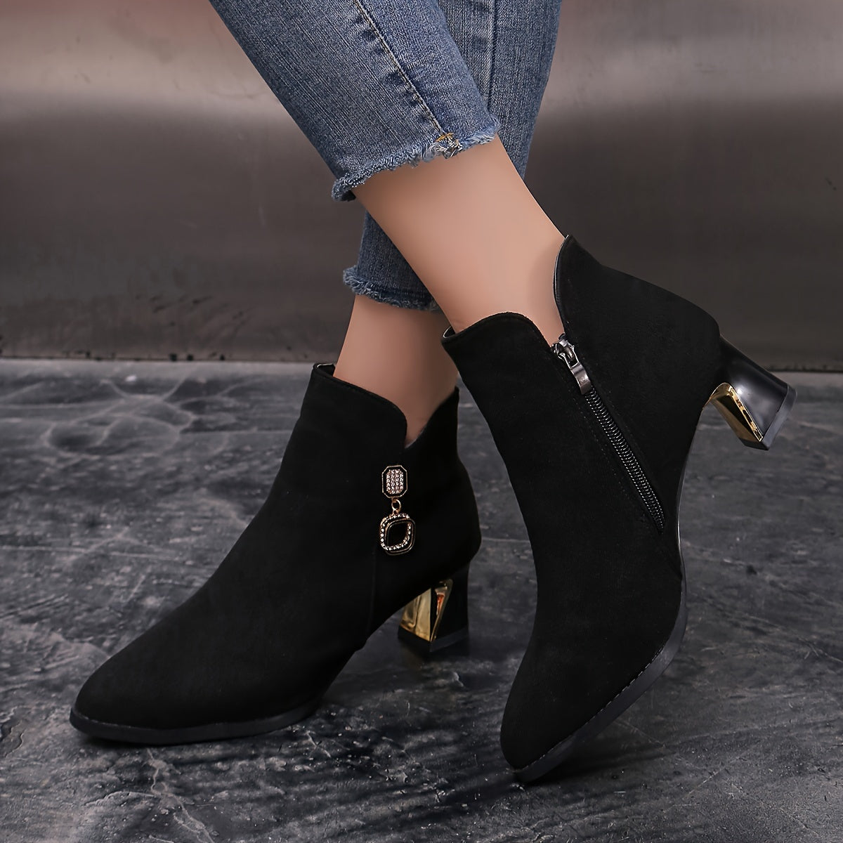 Women's Black Chelsea Ankle Boots with Plush Lining Metallic Details