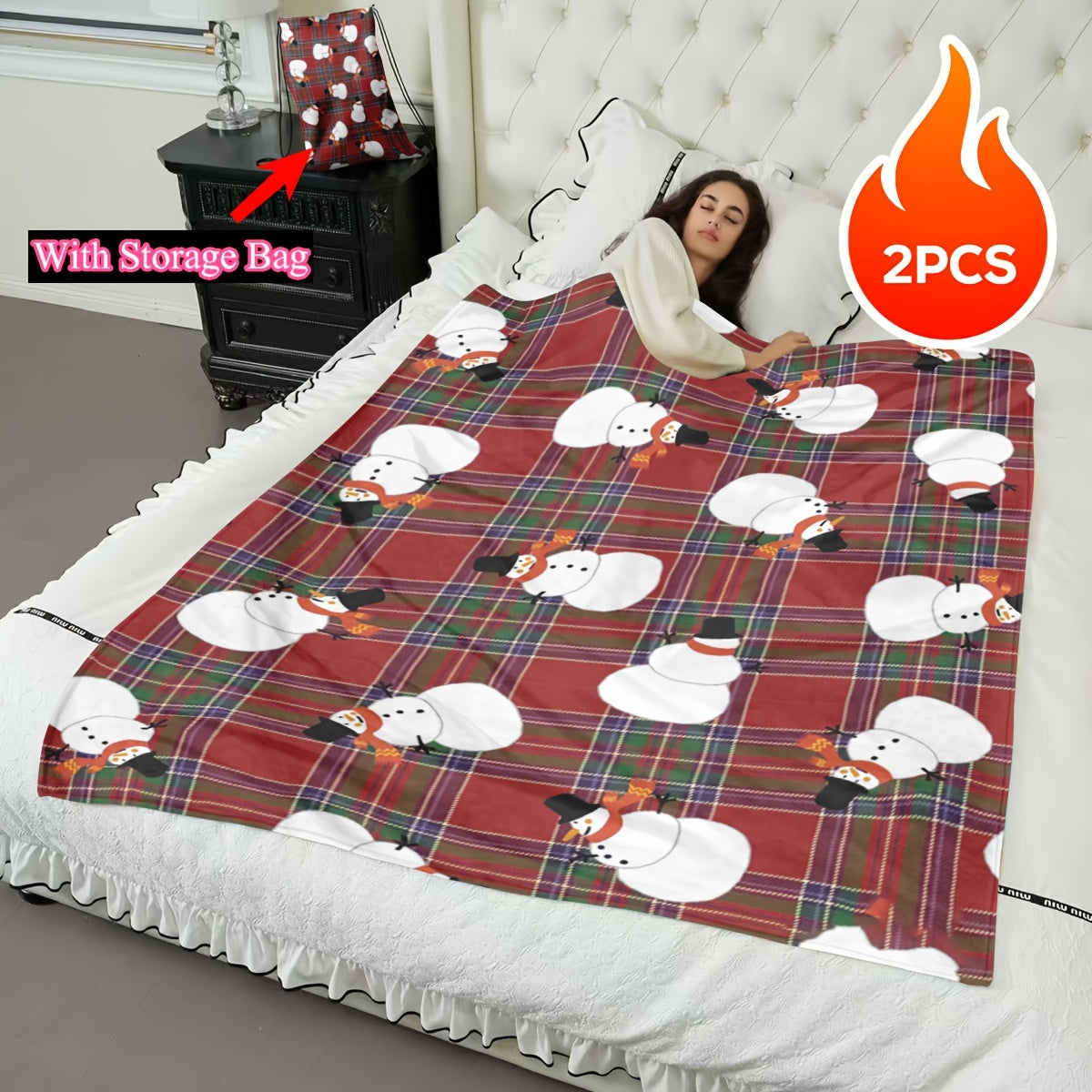 Red Flannel Snowman Print Blanket with Multi-Function Pocket for Outdoor Camping and Gift