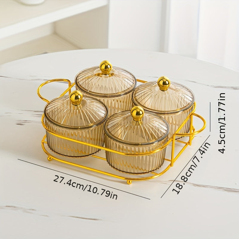 Elegant Plastic Snack Serving Set with Lids on Gold Tray for Dried Fruits and Candies
