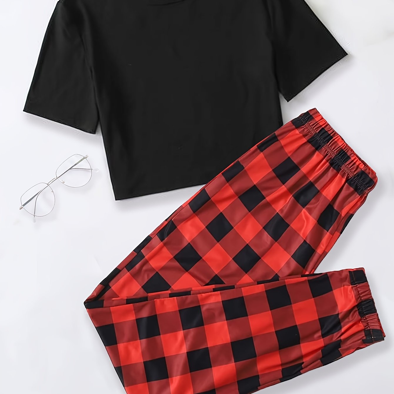 Conjunto de pijama de cuadros para mujer, camiseta de manga corta de jersey y pantalones con cintura elástica