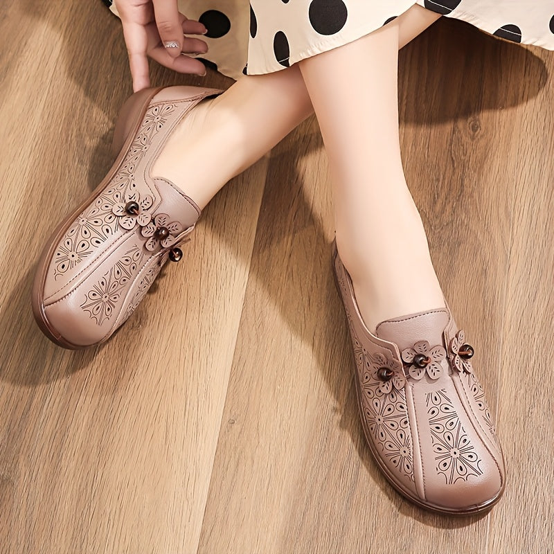 Zapatos casuales femeninos sin cordones con estampado floral, transpirables y sintéticos, en color marrón