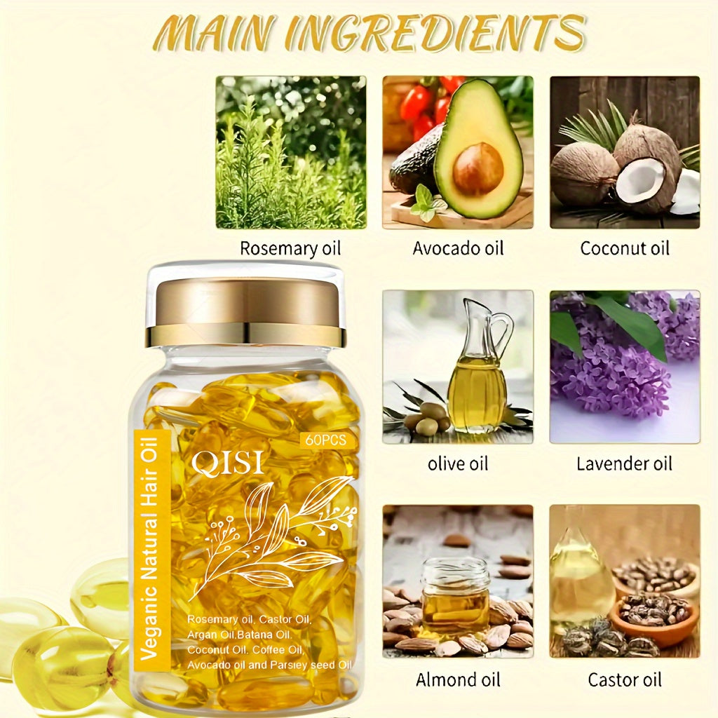 60 ta kapsula tabiiy soch essensiyasi, rozmarin, jojoba yog'i, argan yog'i va kokos yog'i bilan. Veganga asoslangan formula barcha soch turlarining ko'rinishini kuchaytiradi va yaxshilaydi.