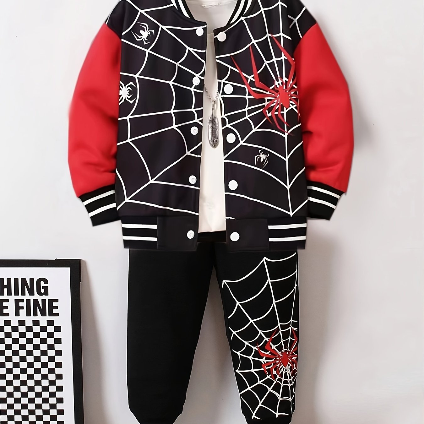 Kids Boys Spider Print Baseball Jacket and Pants Set Long Sleeve Spring Fall Casual
