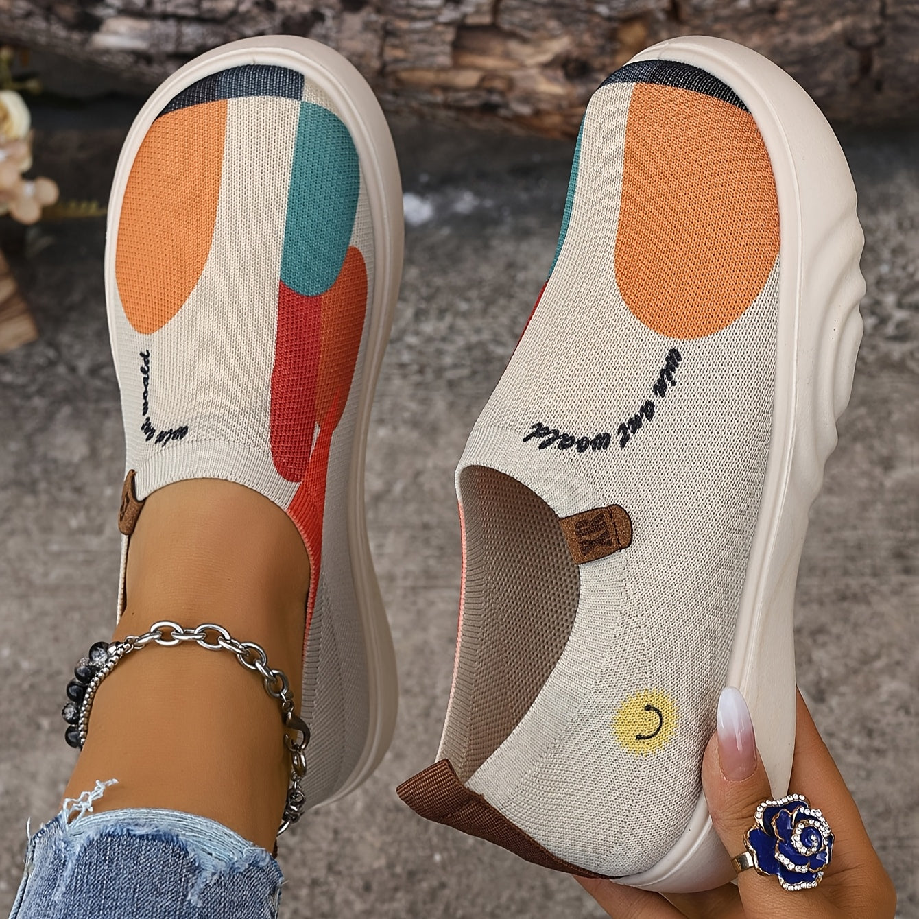 Women's Slip-On Sneakers with Colorful Block Heel Casual Shoes