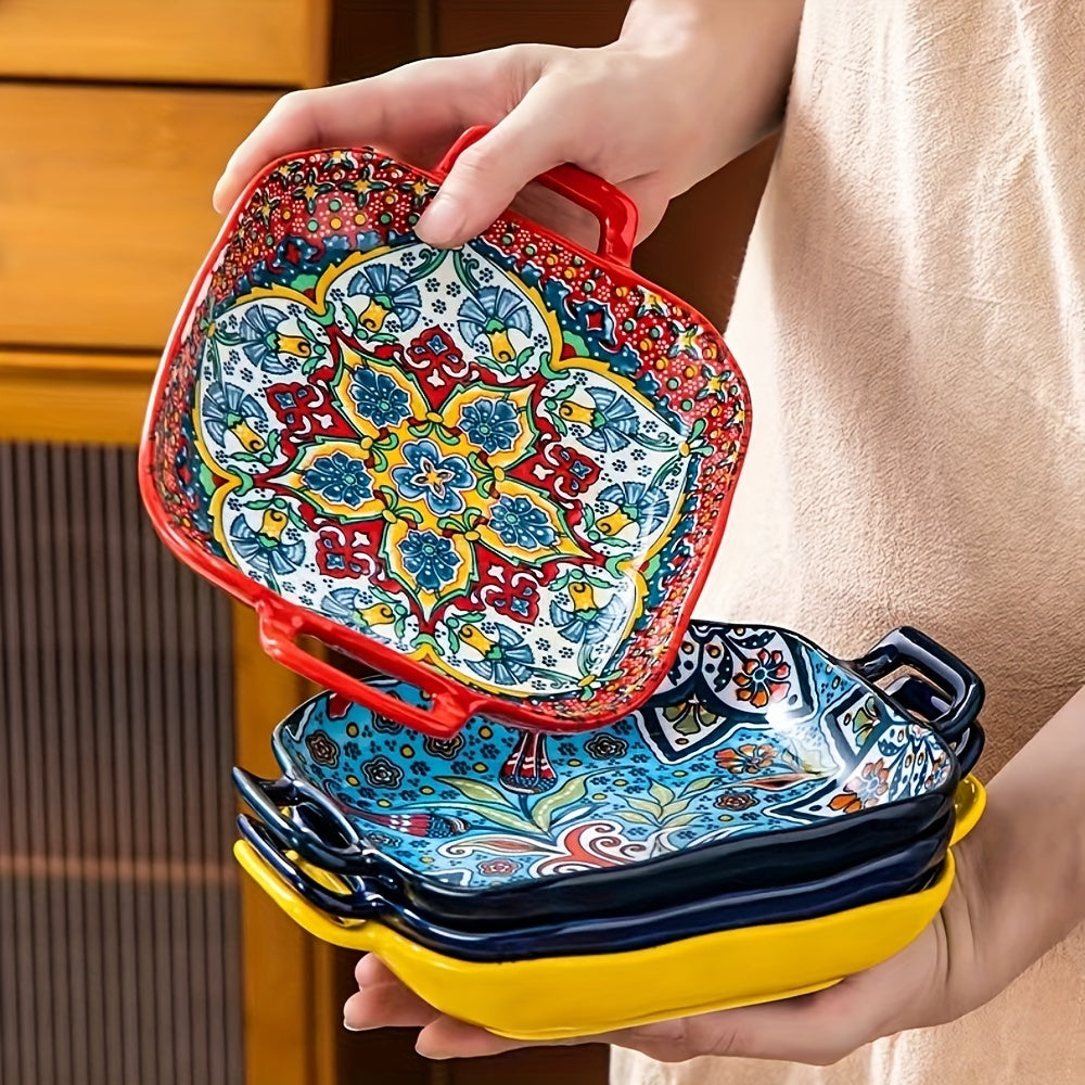 9-Inch Ceramic Salad Bowl with Handles Floral and Geometric Patterns Microwave Safe