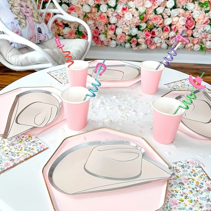 Pink Plastic Drinking Straws 24 Count Western Cowgirl Theme for Parties