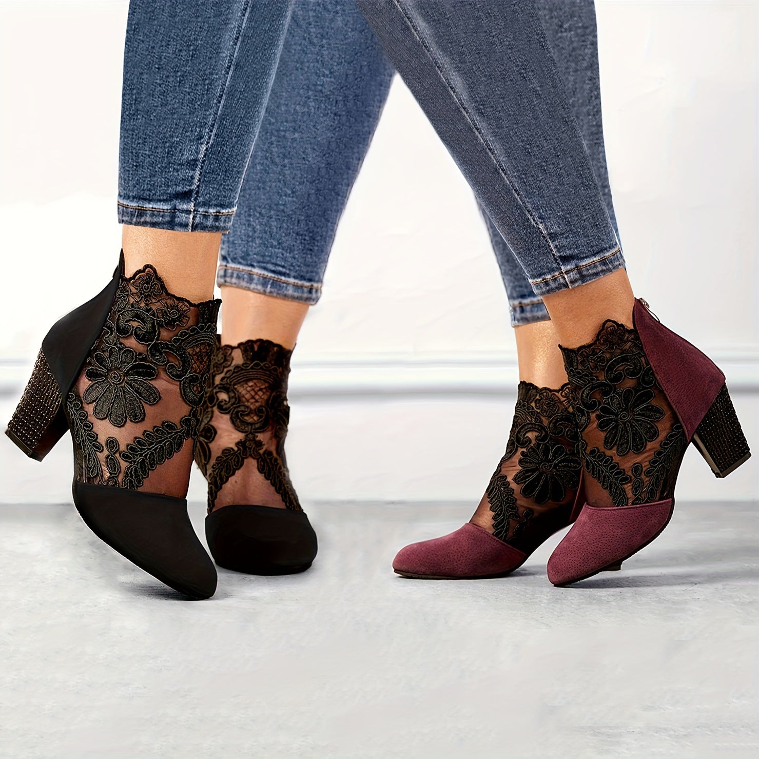 Women's Black Lace Ankle Boots with Floral Pattern, Chunky Heel, Back Zip