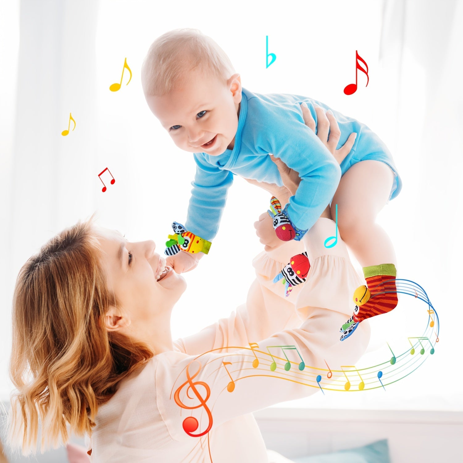 Baby Wrist Rattle Socks and Foot Finder Set for Newborns Cotton Multicolor