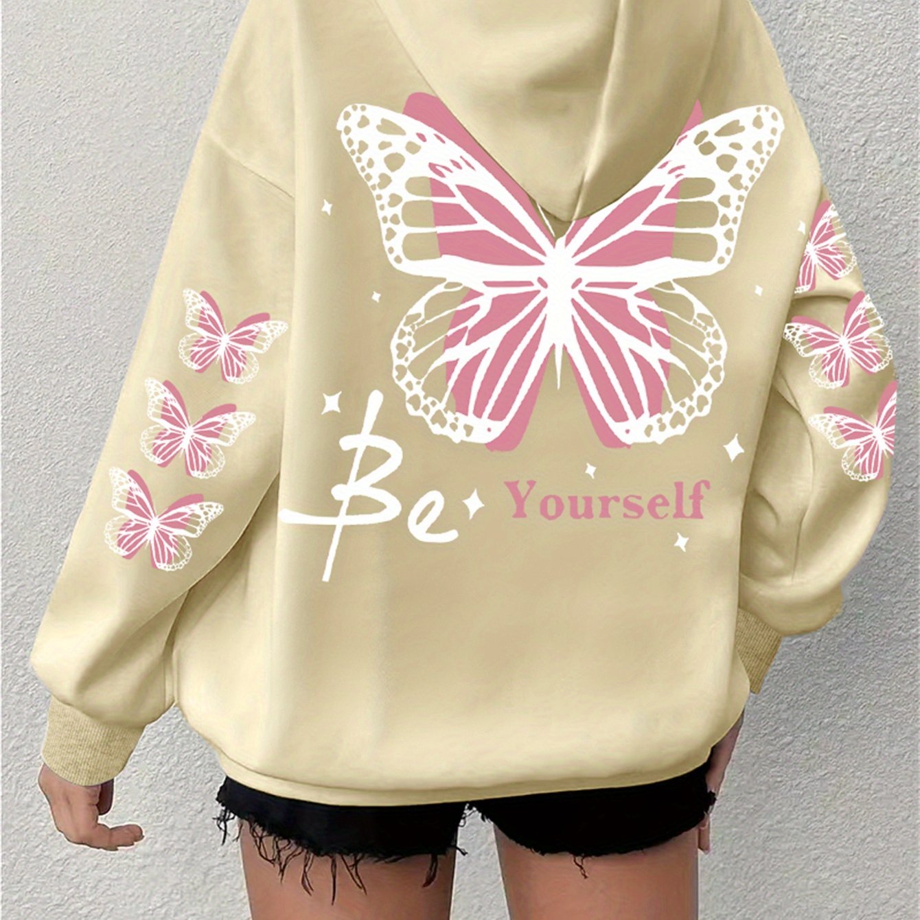 Толстовка с принтом бабочки для полных женщин, повседневная с длинными рукавами и капюшоном, на шнурке