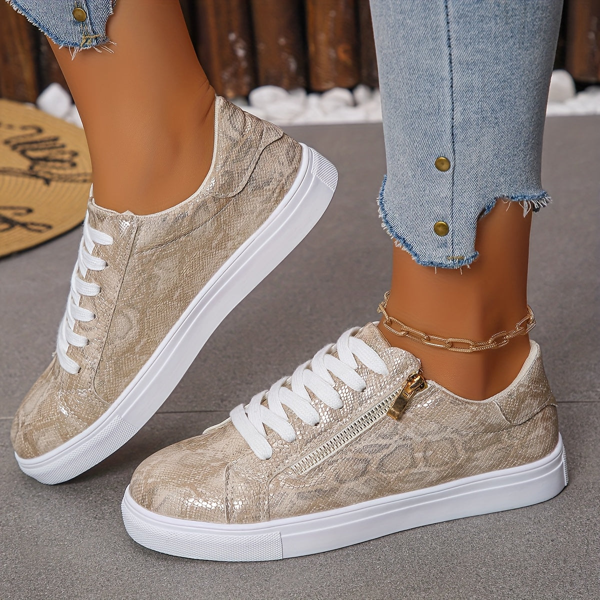 Women's Metallic Gold Snake Faux Leather Low-Top Sneakers