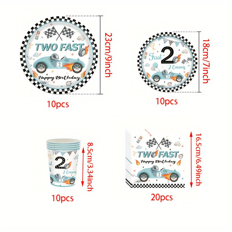 Set of 10 Birthday Party Plates Cups Napkins Paper Dinnerware Blue Race Car Checkered Flag for 2nd Birthdays Tailgate Celebrations