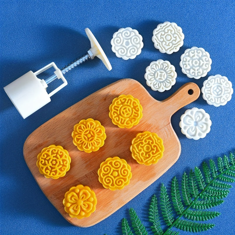 Moon Cake Maker Set with Flower-Shaped Mold and 6 Stamps for DIY Pastry Baking