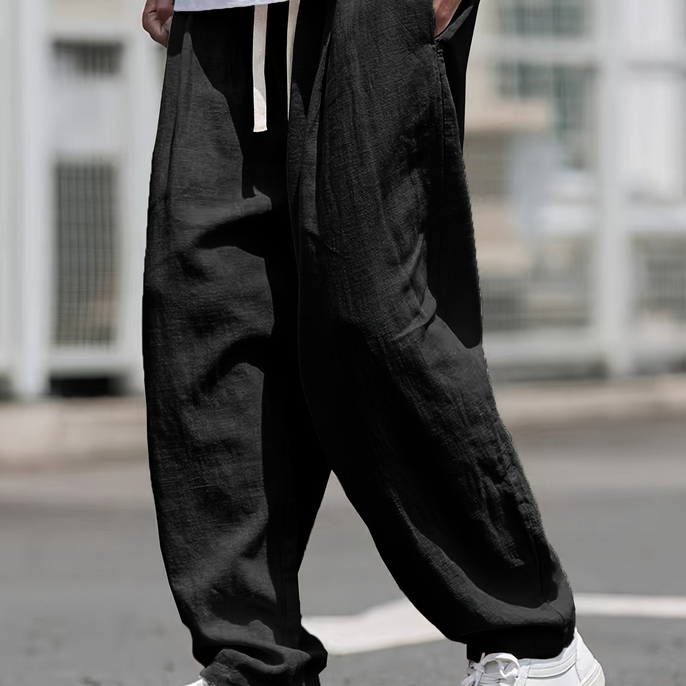 Men's Linen Drawstring Trousers Casual Loose Fit Solid Color All-Season