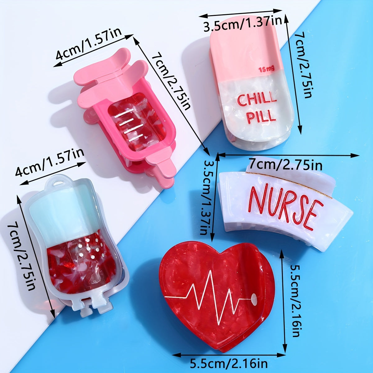 Single Piece Nurse Themed Hair Clip for Medical Professionals Stylish Acetic Acid Oval Claw with Blood Bag Syringe and Chill Pill Design
