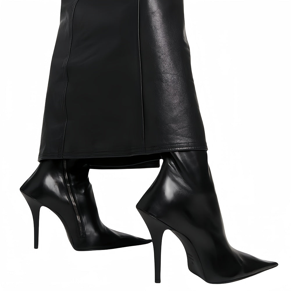 Women's Knee-High Faux Leather Boots with Pointed Toe and Zipper