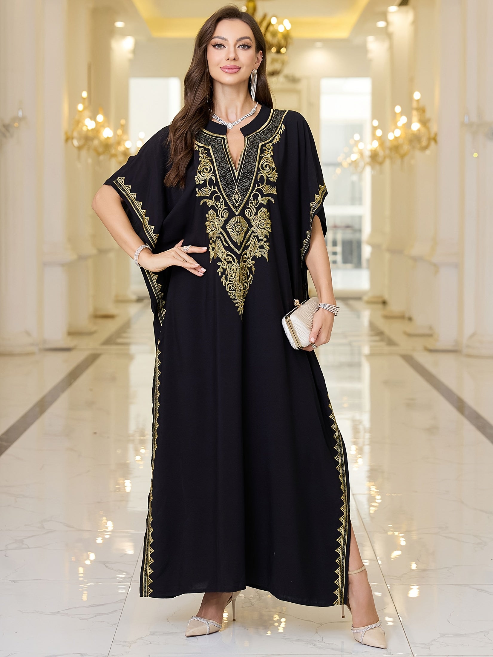 Plus Size Floral Embroidered Maxi Kaftan Dress with Notched Neck and Batwing Sleeves