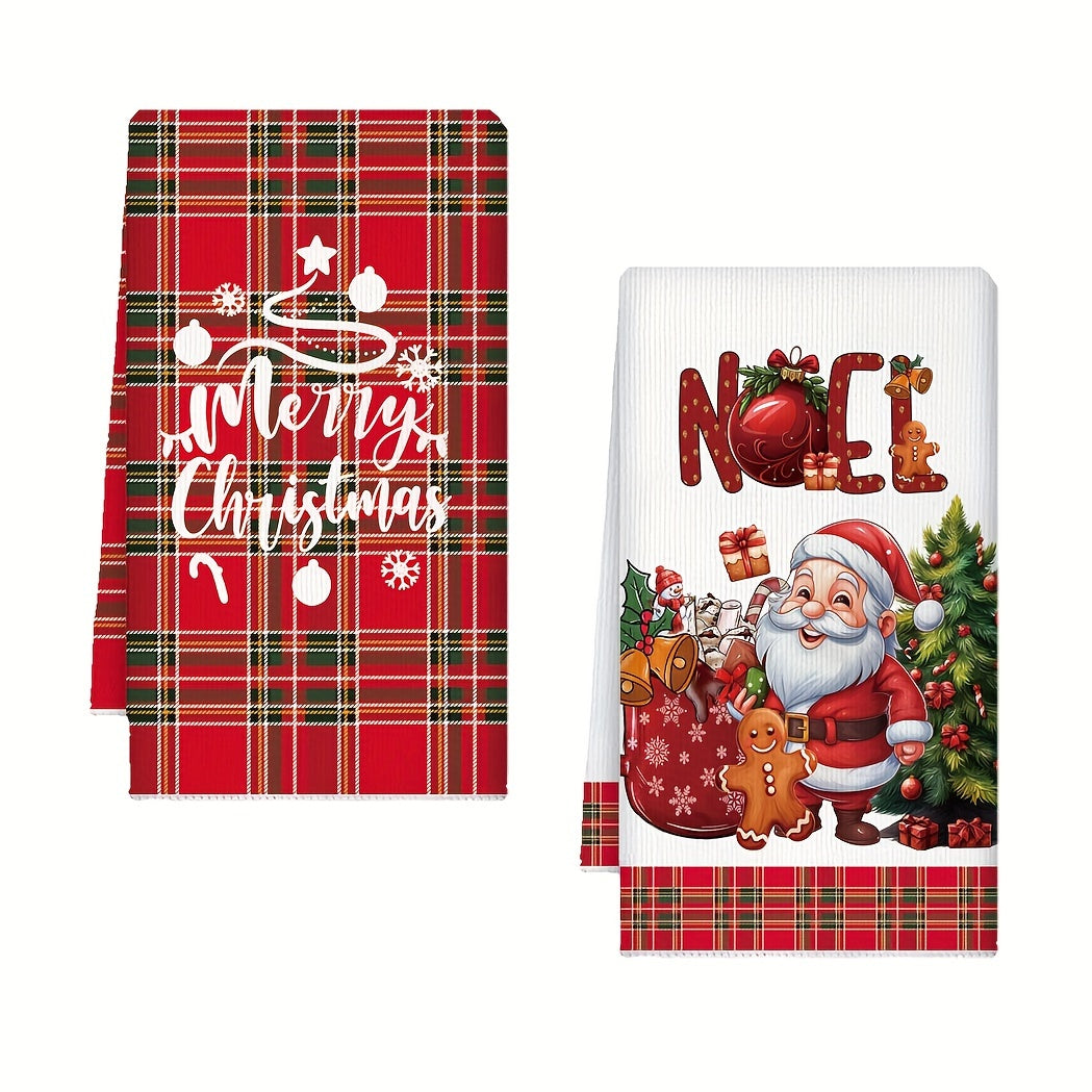 Set of 2 Christmas Kitchen Towels Microfiber Santa Gingerbread Red Plaid 70cm