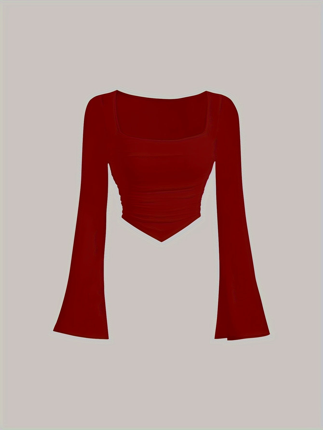 Camiseta de punto de poliéster de color sólido con cuello cuadrado para mujer, de longitud corta, ajuste ajustado, primavera y otoño