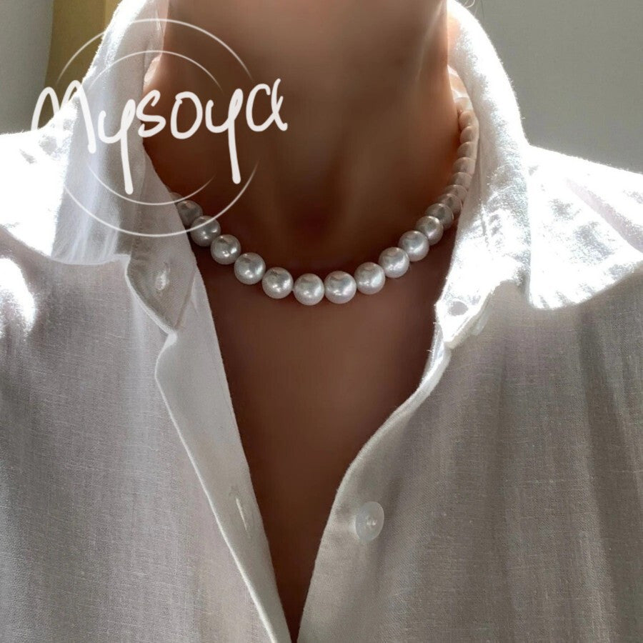 Large Natural White Pearl Necklace 9-10mm Elegant Gift Box for Women