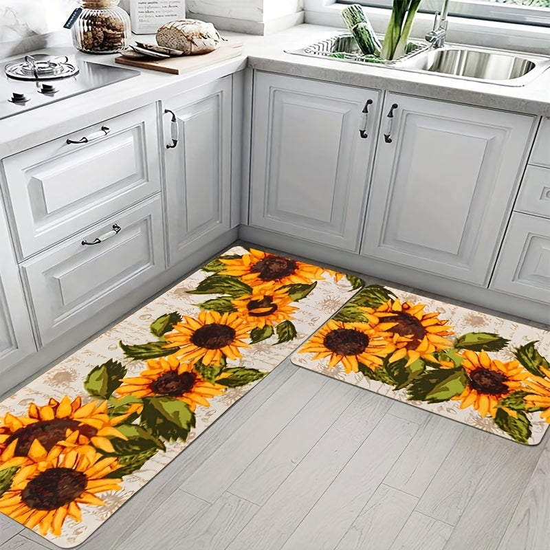 Sunflower Print Kitchen Floor Rug Water-Resistant Machine Washable Entrance Doormat