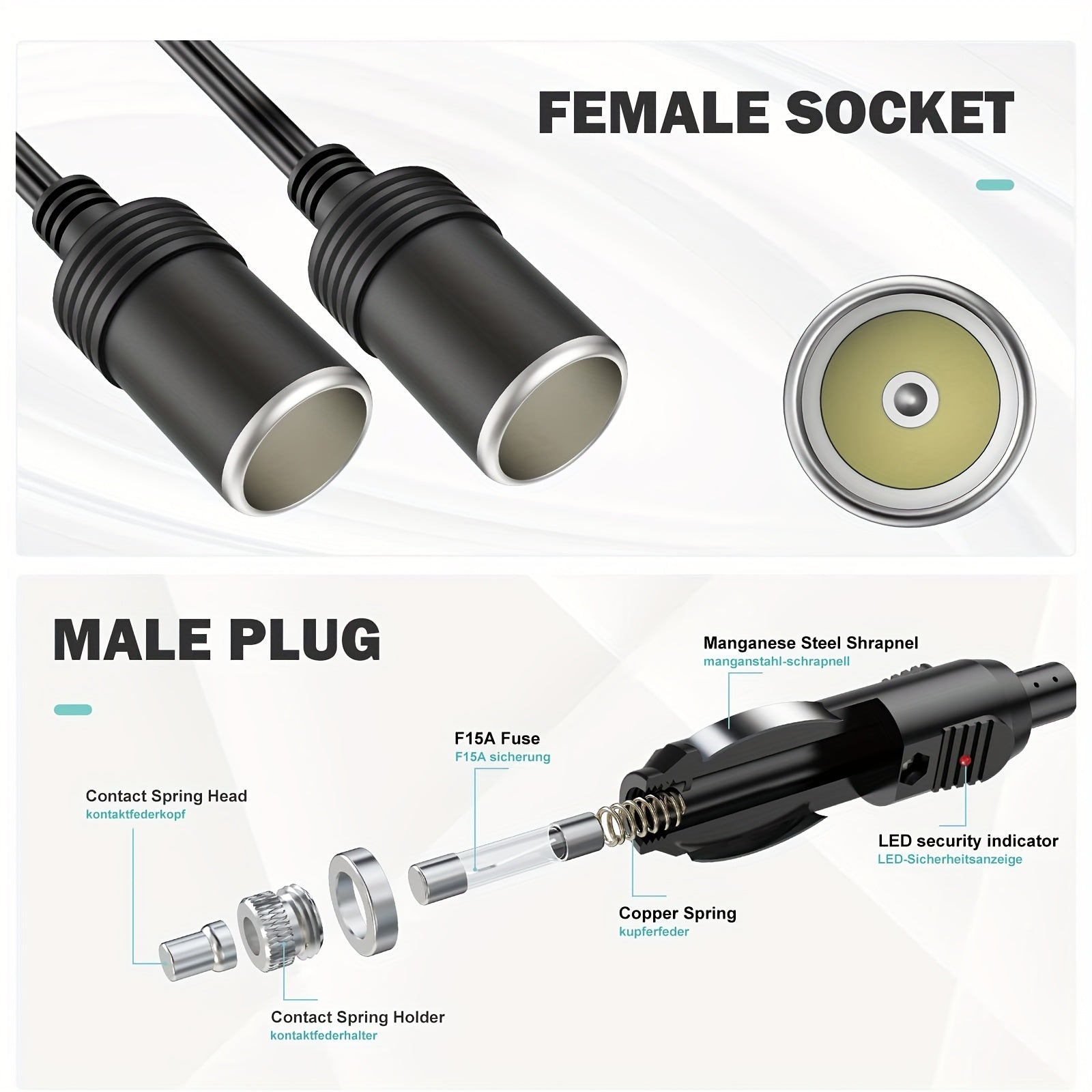 Heavy Duty Car Power Extension Cord 45.72-350.52cm 12V 24V with LED Fuse