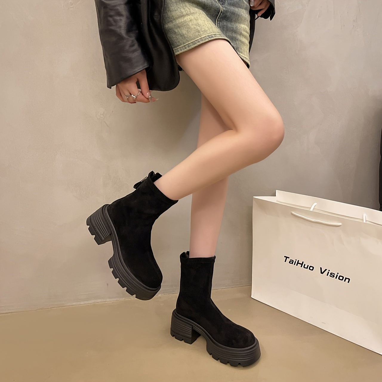 Women Chunky Platform Ankle Boots Brown Slip-On Zipper Cushioned Sole