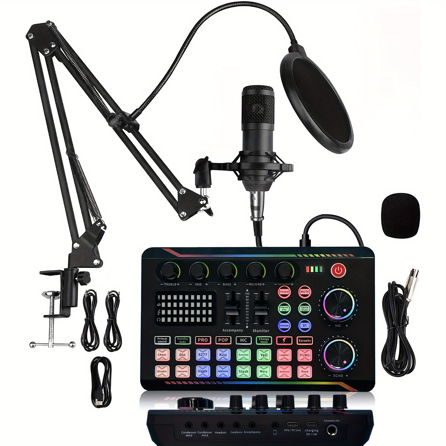 Professional Podcasting Microphone Kit with Live Sound Card and Mixer Black 3.5mm USB Charging