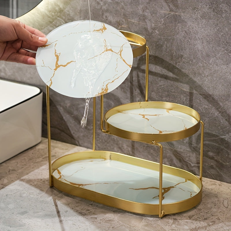 Golden Metal Cosmetic Organizer with 3 Tiers Marble Pattern Vanity Bathroom Storage