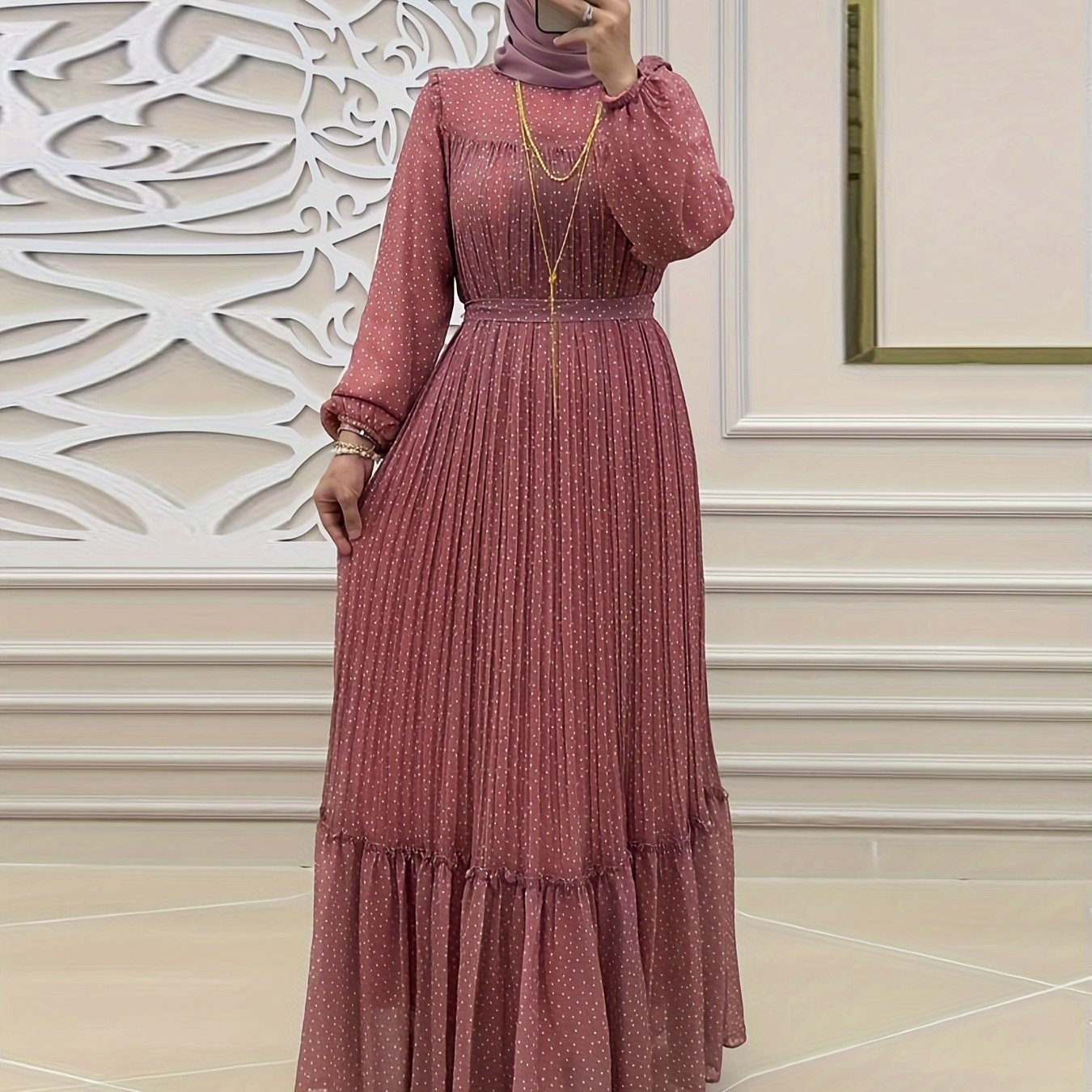 Women's Polka Dot Maxi Dress with Ruffle Hem Long Sleeves Crew Neck Pleated Back