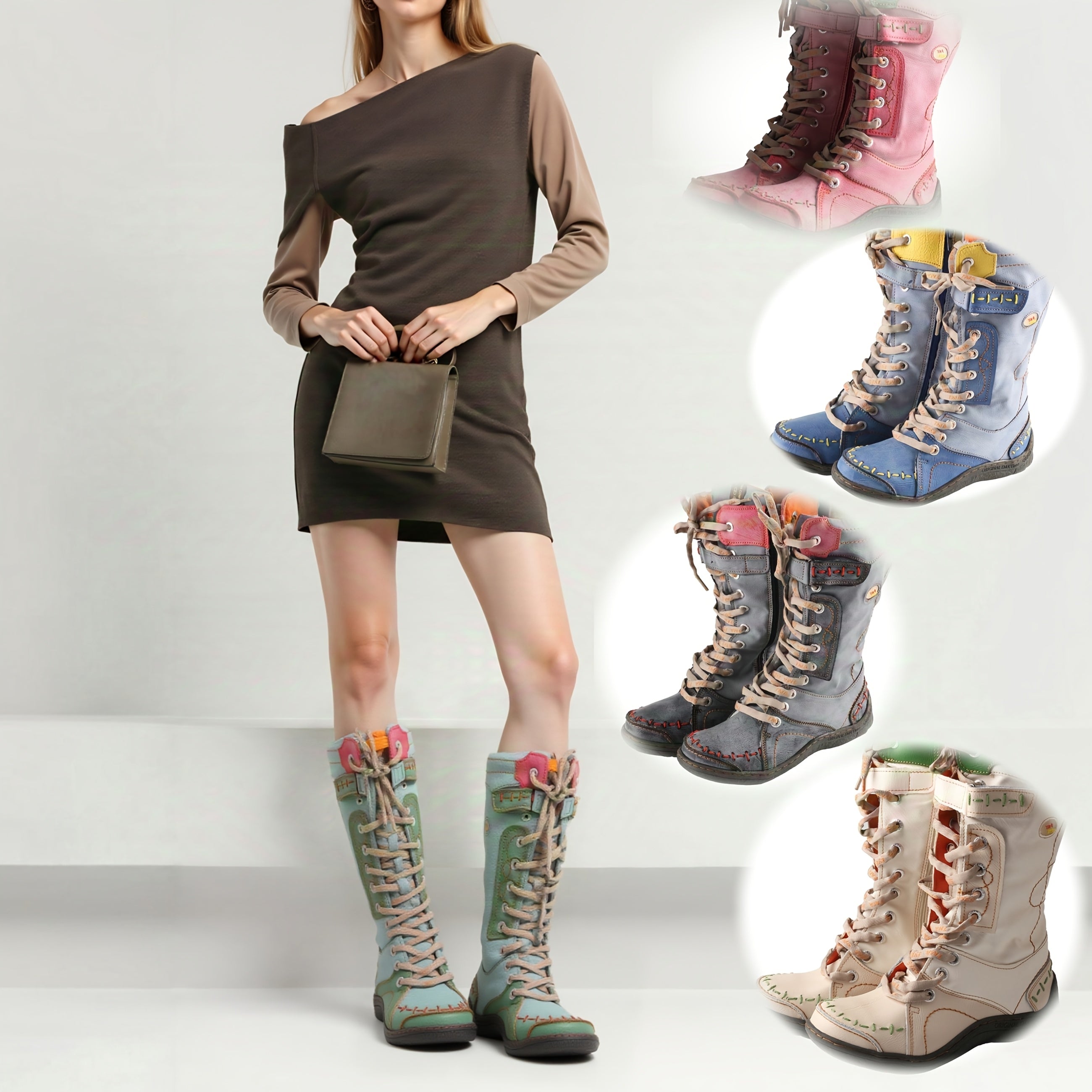 Women Mid-Calf Western Boots Solid Color Summer Winter Zipper Heel