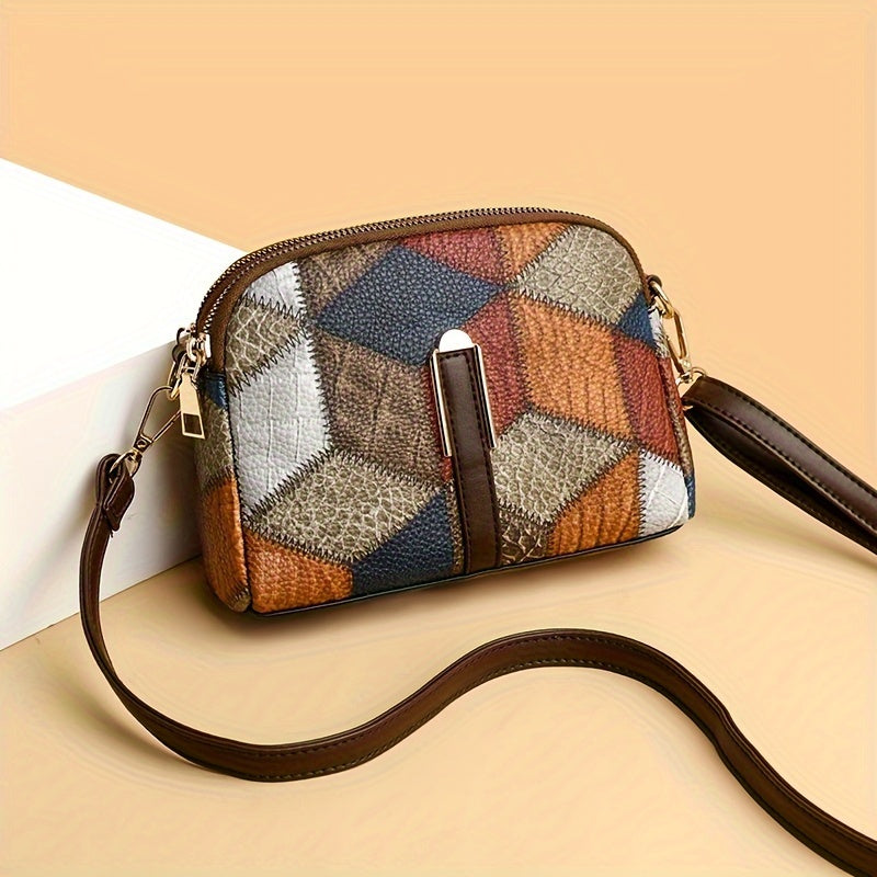Women's Colorblock Crossbody Bag with Retro Rhombus Pattern PU Zipper Adjustable Strap