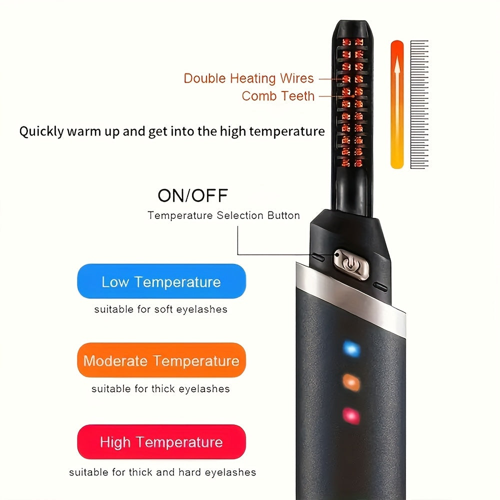 USB orqali zaryadlanadigan isitiladigan kirpik buruvchi, 3 ta isitish sozlamasi bilan - Ayollar uchun elektr kirpik buruvchi asbob, oson permalash, 280mAh batareya, qora/oltin, kirpik permalash asboblari